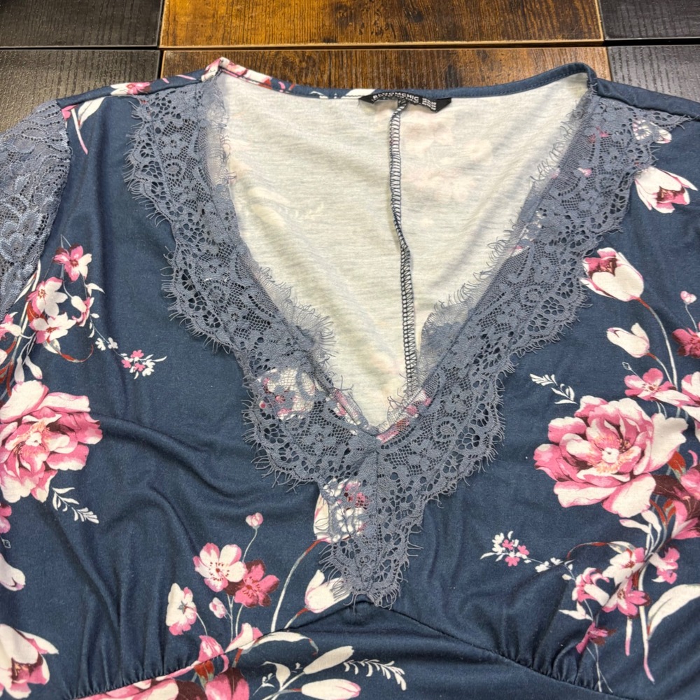 Bloomchic Navy Floral Lace Trim V-Neck Short Sleeve Empire Waist Dress 18-20 - Picture 3 of 8